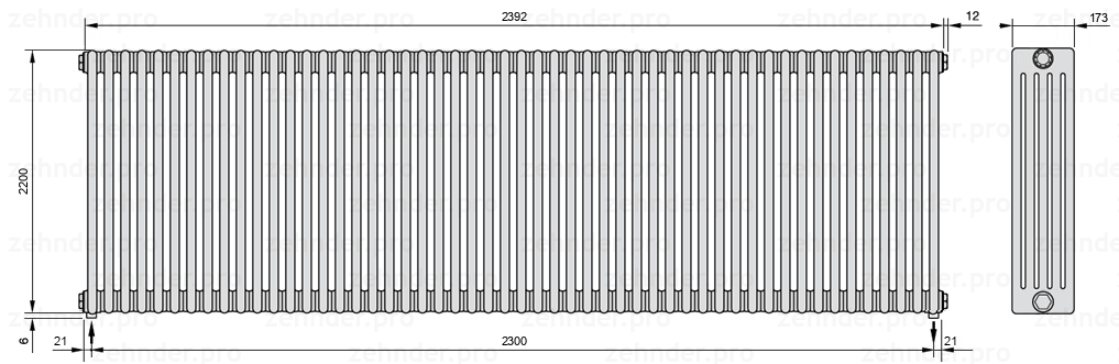 Схема (чертеж) Радиатор Zehnder Charleston 5220/52 №5310 Белый глянцевый RAL 9016